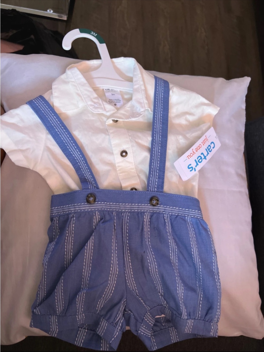Carter's White Shirt with Blue Striped Suspender Shorts
